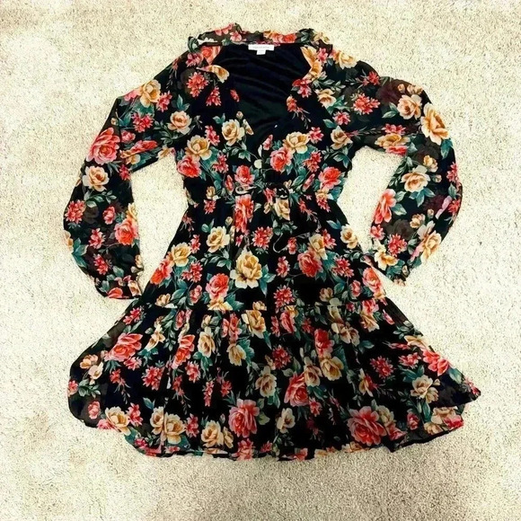 American Eagle Outfitters Dresses & Skirts - American Eagle Black Floral Chiffon Puff Sleeve Dress, Size S